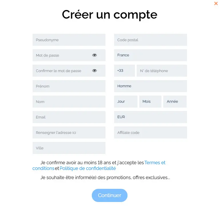 Processus d'inscription ARLEQUIN CASINO